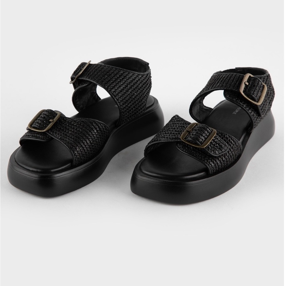 Free People Black Woven Platform Sandals with Buckles